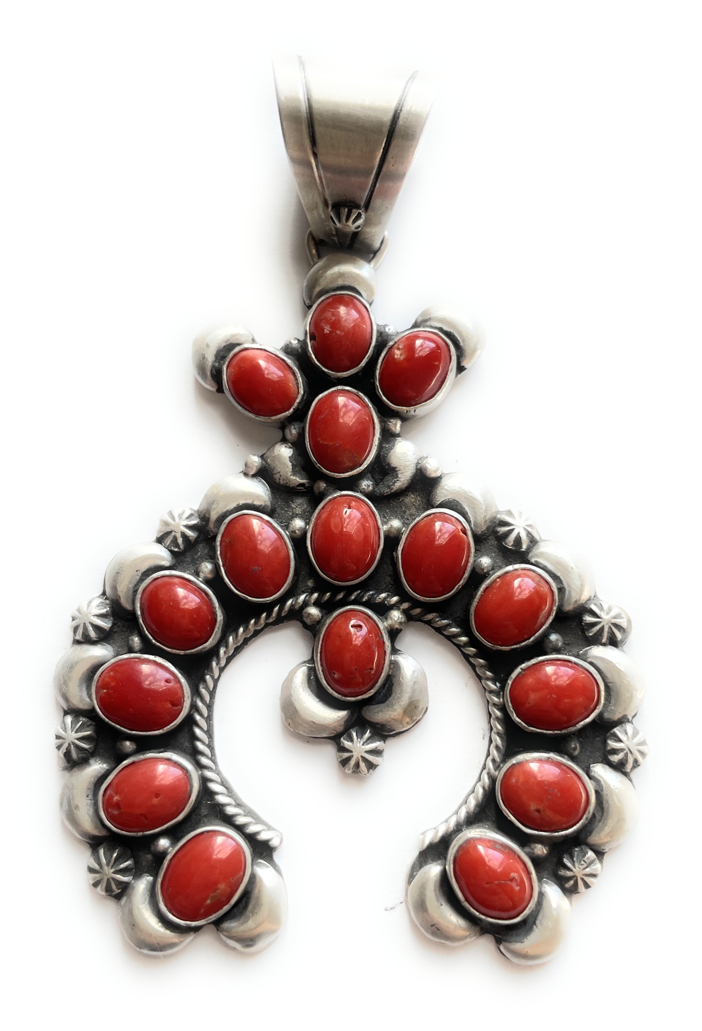 Navajo Natural Coral & Sterling Silver Naja Pendant Signed P Yazzie