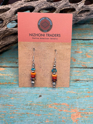 Navajo Sterling Silver And Multi Stone Dangle Beaded Earrings