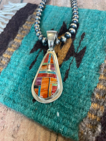 Navajo Multi Stone Inlay & Sterling Silver Pendant Signed