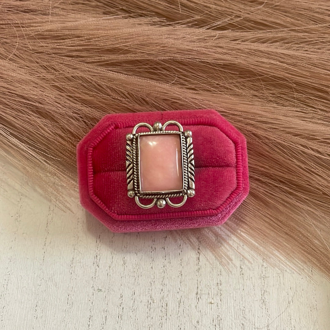 Gorgeous Navajo Pink Peruvian Opal And Sterling Silver Adjustable Ring