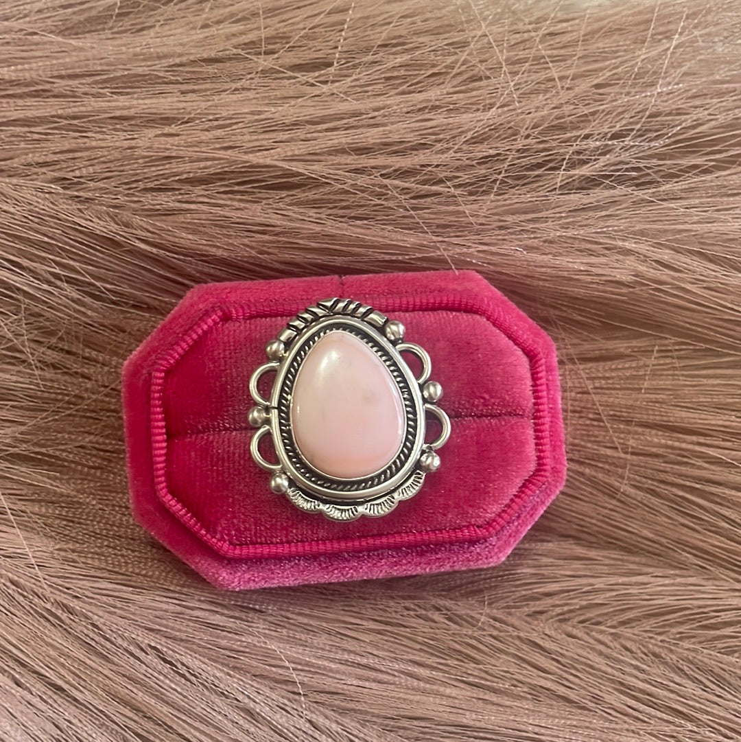 Gorgeous Navajo Pink Peruvian Opal And Sterling Silver Adjustable Ring