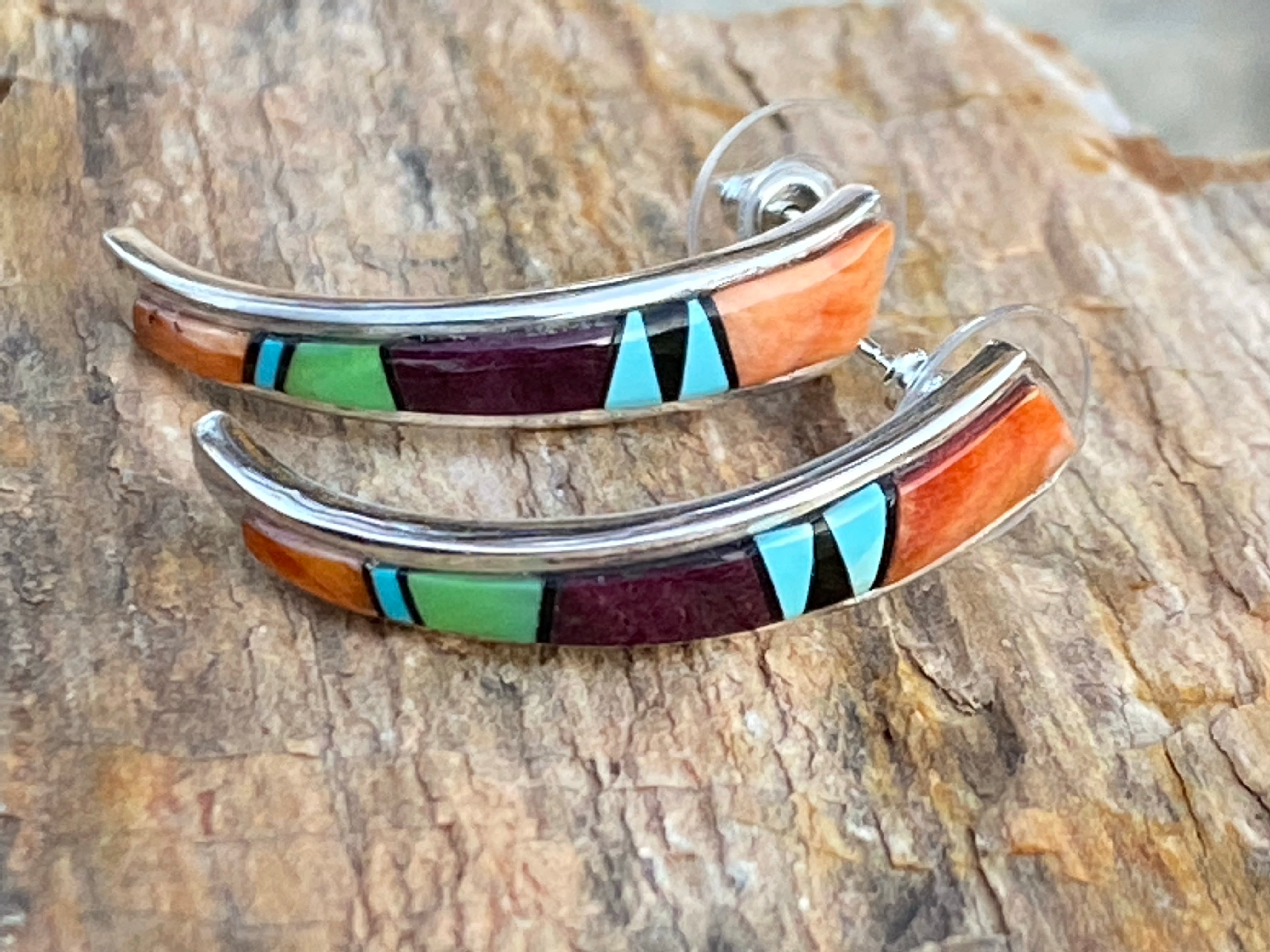 Navajo Turquoise Orange Spiny Half Hoop Stud Earrings