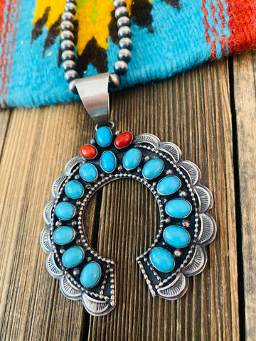 Navajo Sterling Silver, Sleeping Beauty Turquoise & Coral Naja Pendant