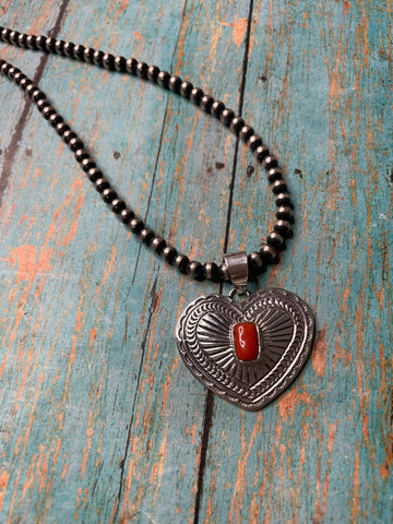 Navajo Coral & Sterling Silver Heart Pendant