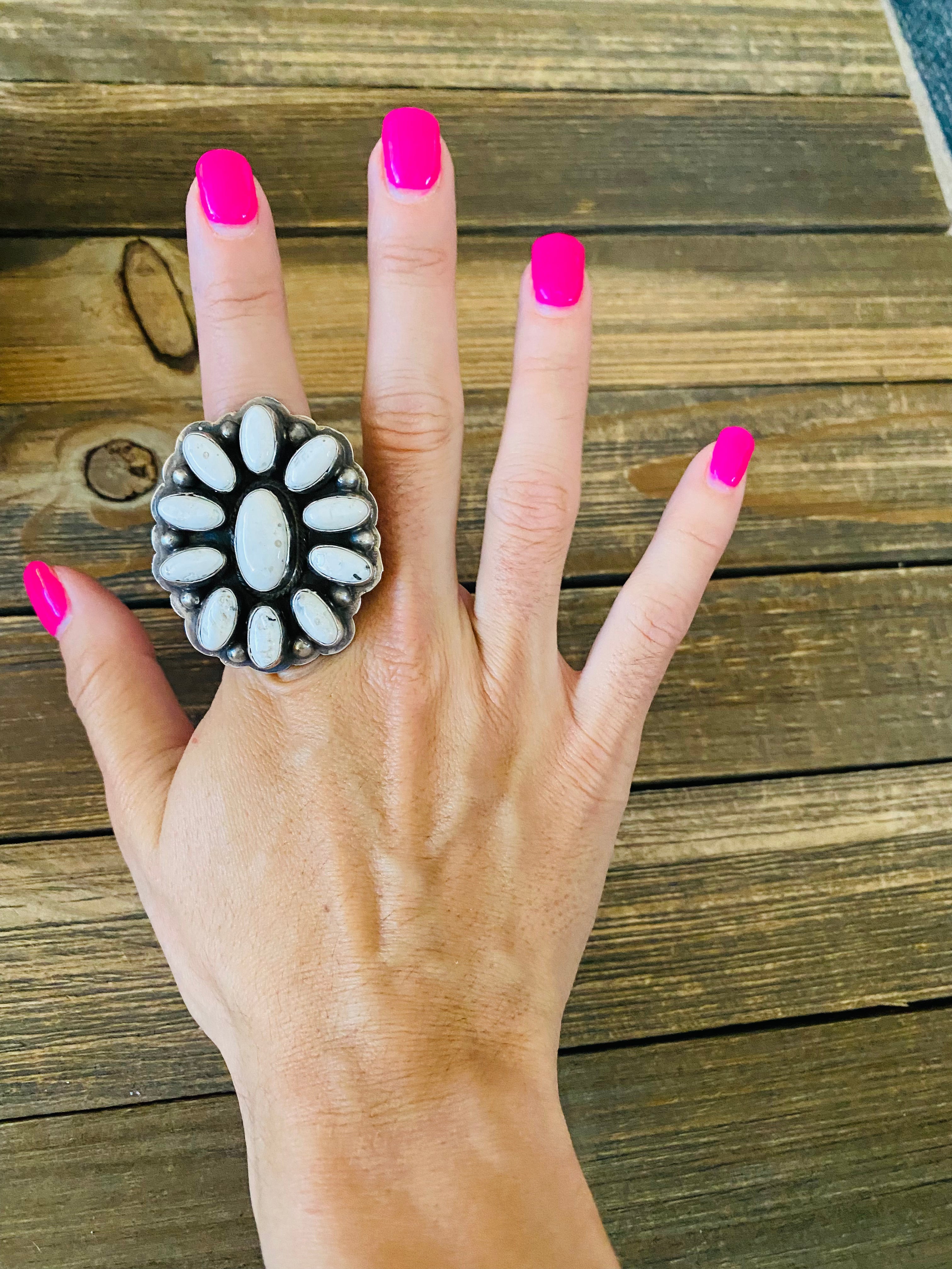 Navajo Sterling Silver And White Buffalo Cluster Adjustable Ring