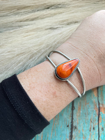 Navajo Orange Spiny Sterling Silver Adjustable Cuff Bracelet Signed