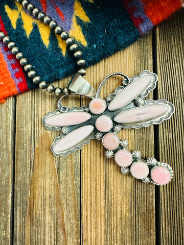 Navajo Queen Pink Conch & Sterling Silver Dragonfly Pendant By Shawn Cayatineto