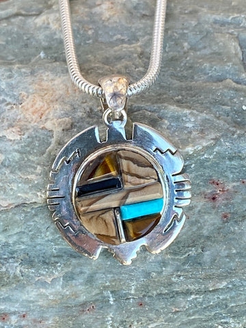 Navajo Rolled Inlay Pendant Necklace with Turquoise, Onyx, Coral, Petrified Wood