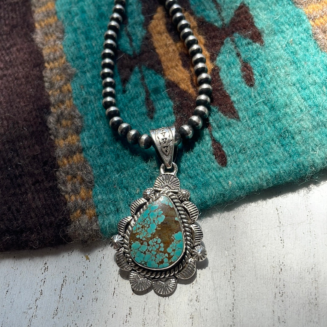 Handmade Sterling Silver & Number 8 Turquoise Pendant Signed Nizhoni