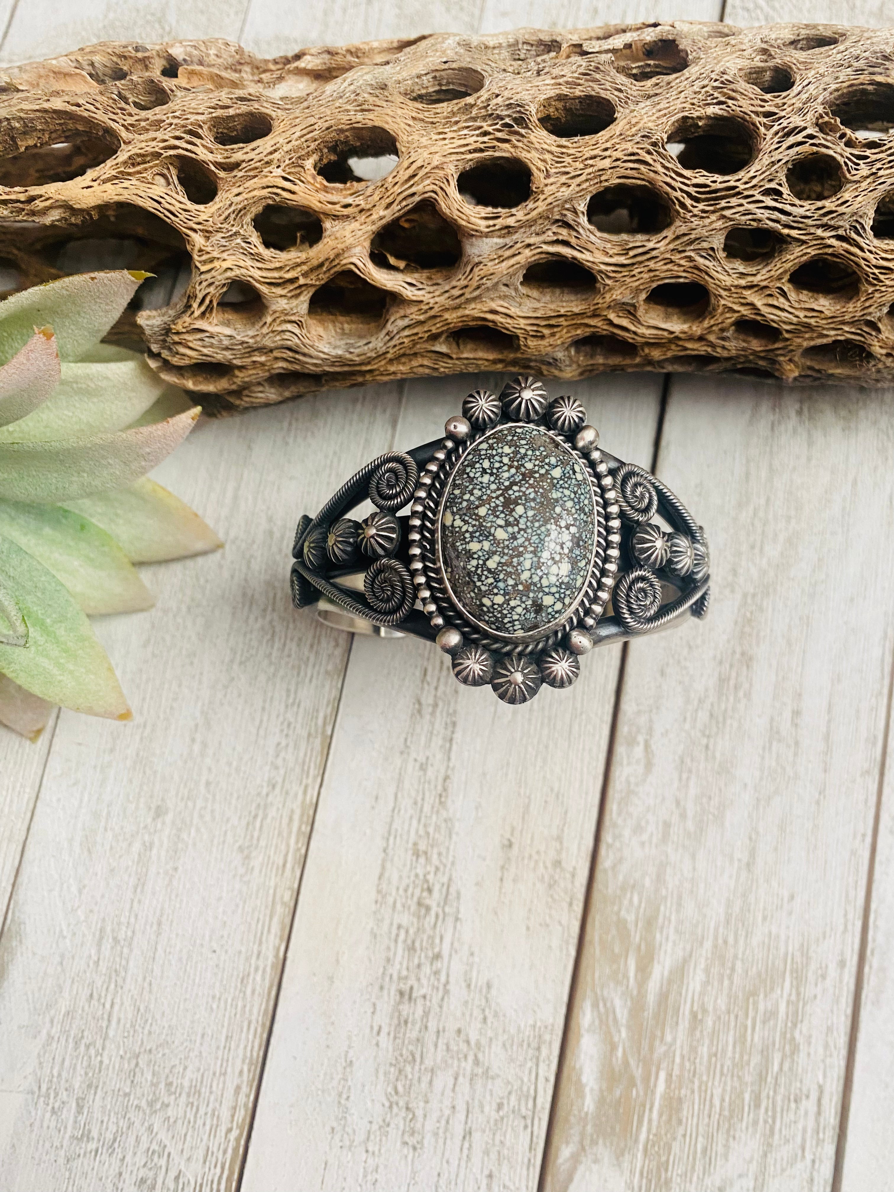 Navajo New Lander Turquoise & Sterling Silver Cuff Bracelet Signed