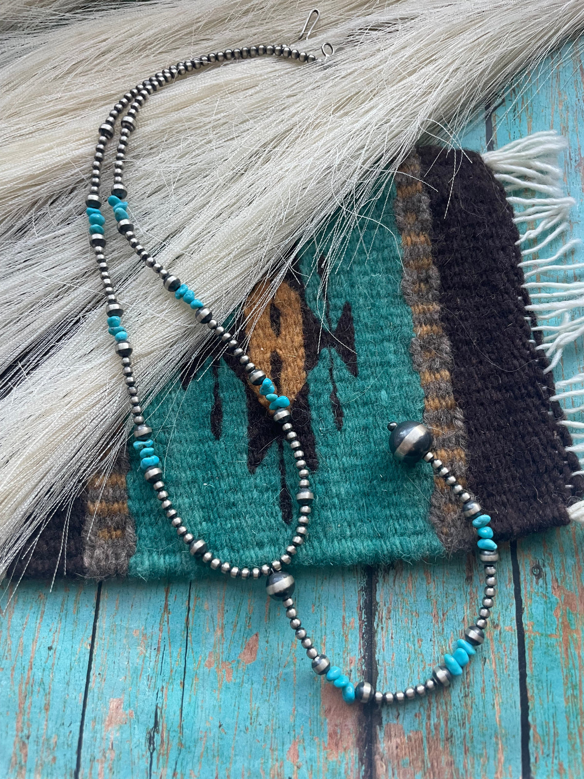 Navajo Sterling Silver Turquoise Beaded Rosary Style Necklace