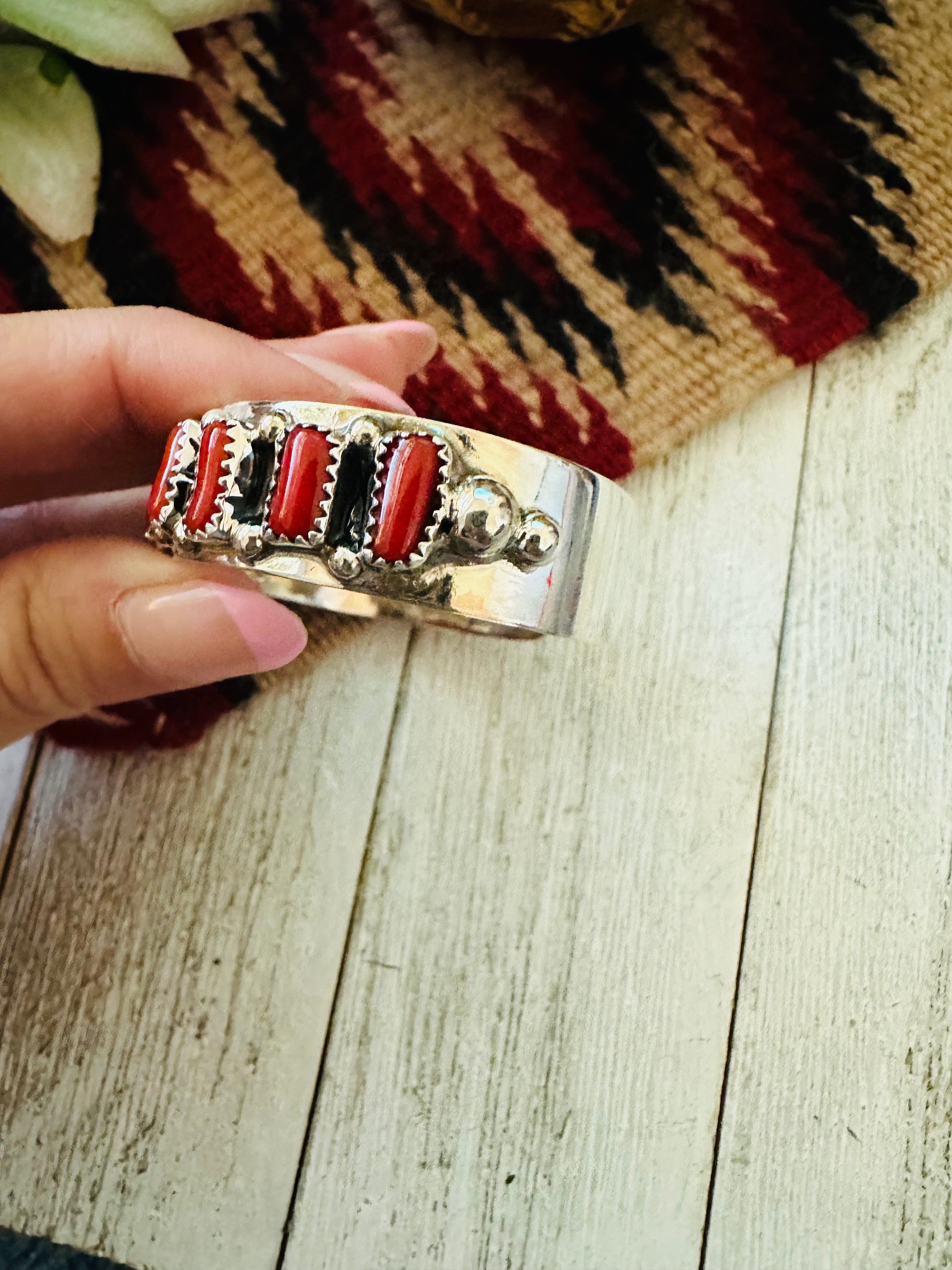 Navajo Coral & Sterling Silver Cuff Bracelet Signed