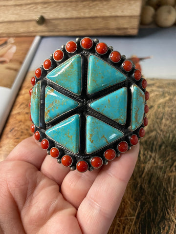 Anthony Skeets Navajo Turquoise, Coral & Sterling Silver Cuff Bracelet Signed