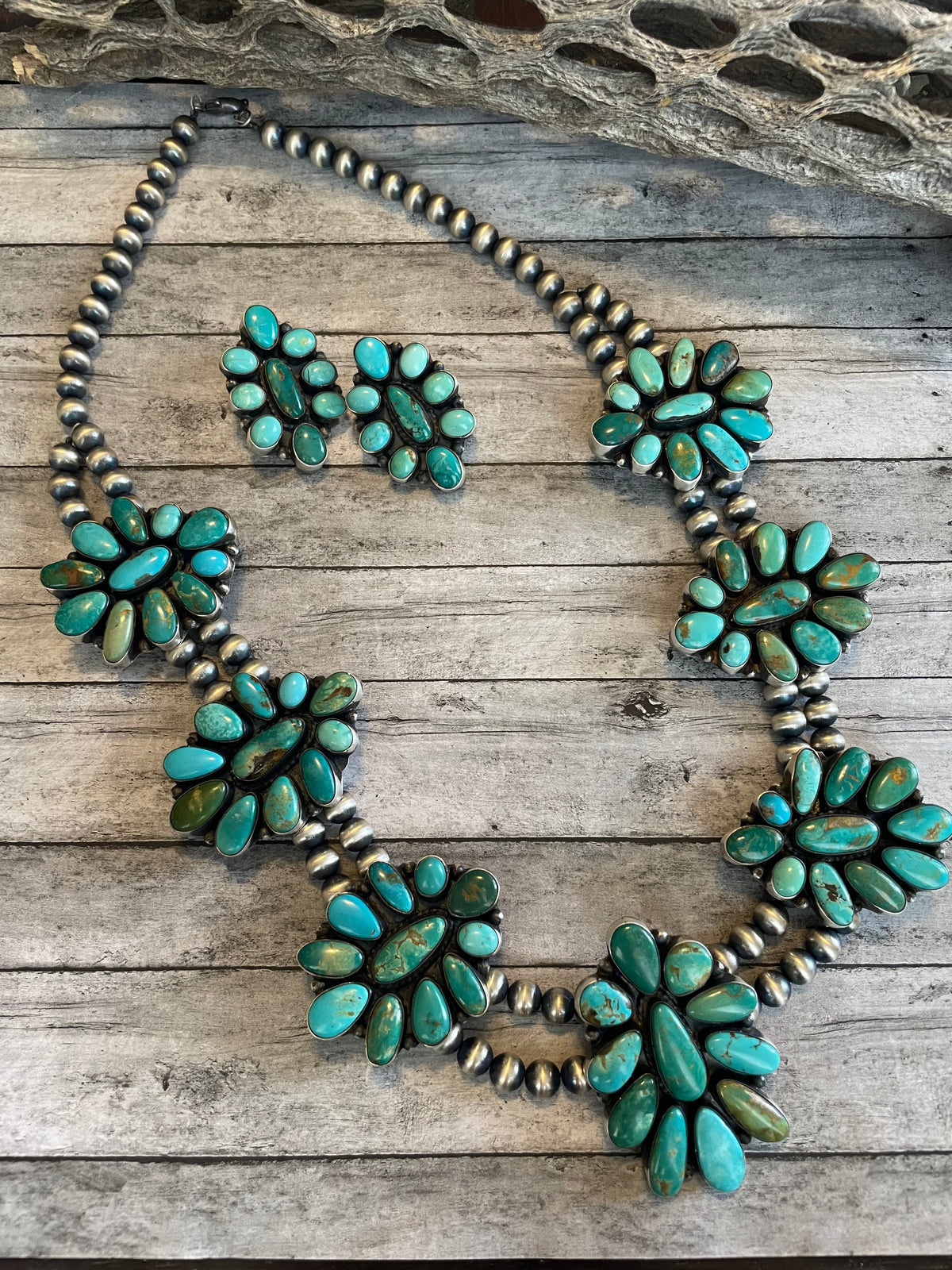 Navajo Sterling Silver & Royston Turquoise Necklace & Earring Set