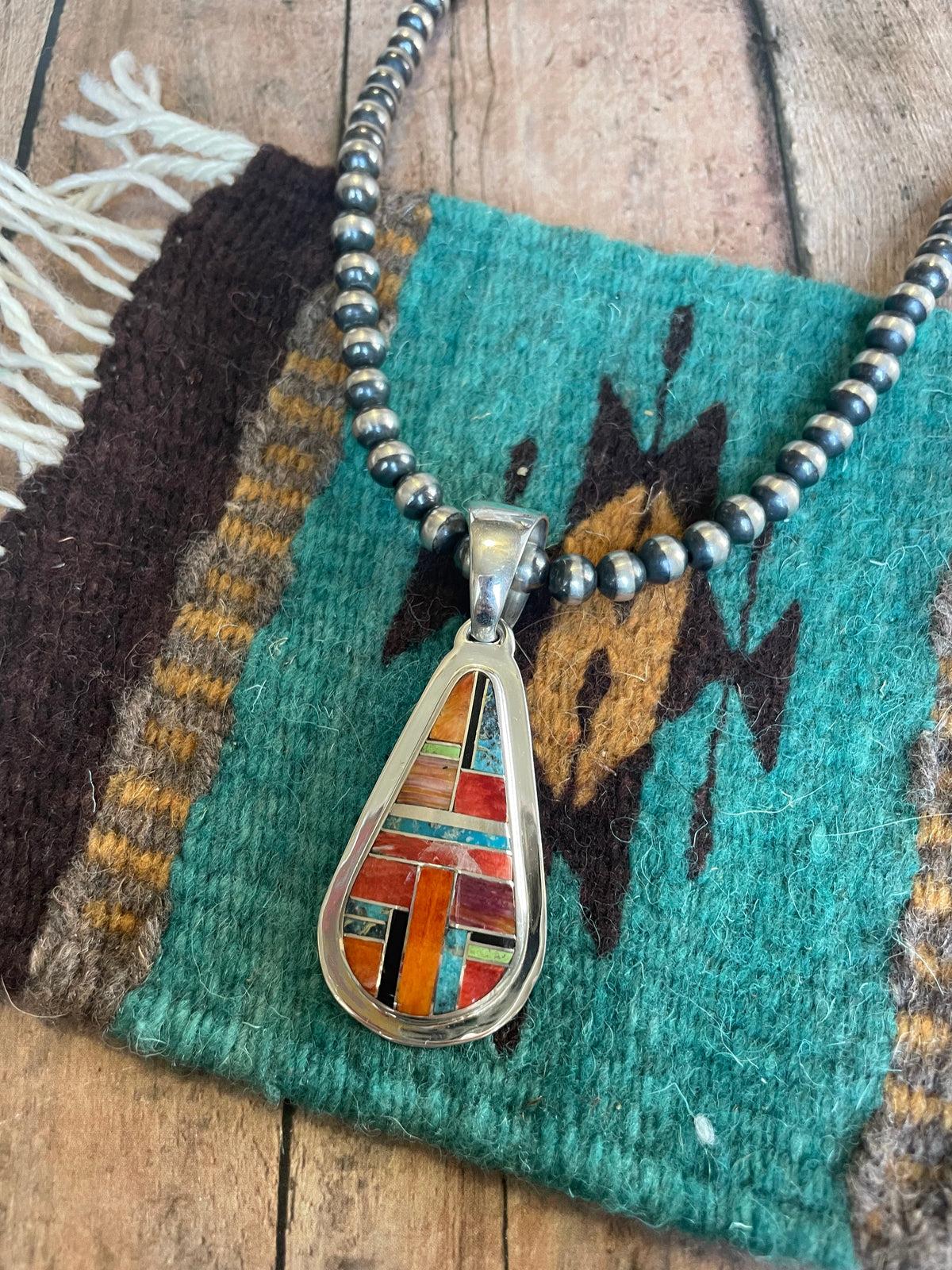 Navajo Multi Stone Inlay & Sterling Silver Pendant Signed