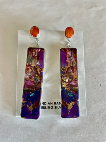 Navajo Purple Dream & Orange Spiny Dangle Signed & Stamped