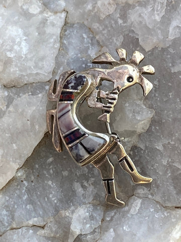 Navajo Onyx, Purple Spiny and Fire Opal  Sterling Silver Kokopelli Pin Pendant