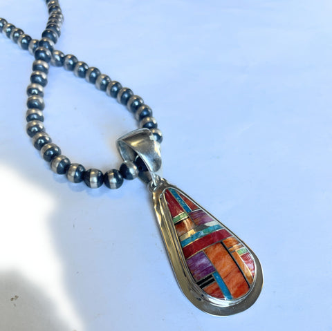 Navajo Multi Stone Inlay & Sterling Silver Pendant Signed