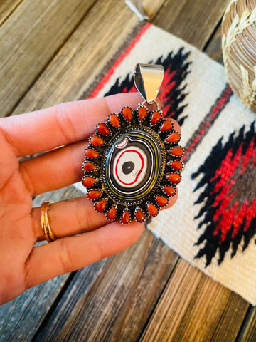 Handmade Sterling Silver, Fordite & Coral Cluster Pendant