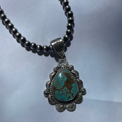 Handmade Sterling Silver & Number 8 Turquoise Pendant Signed Nizhoni