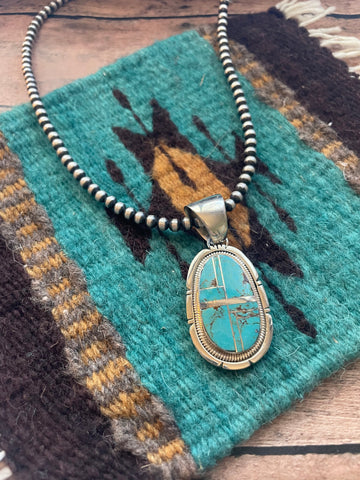 Navajo Number 8 Turquoise Inlay & Sterling Silver Pendant Signed