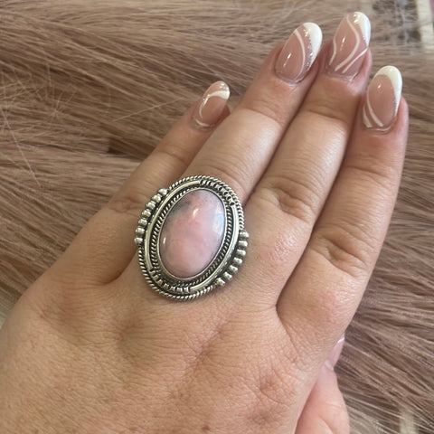 Gorgeous Navajo Pink Peruvian Opal And Sterling Silver Adjustable Ring