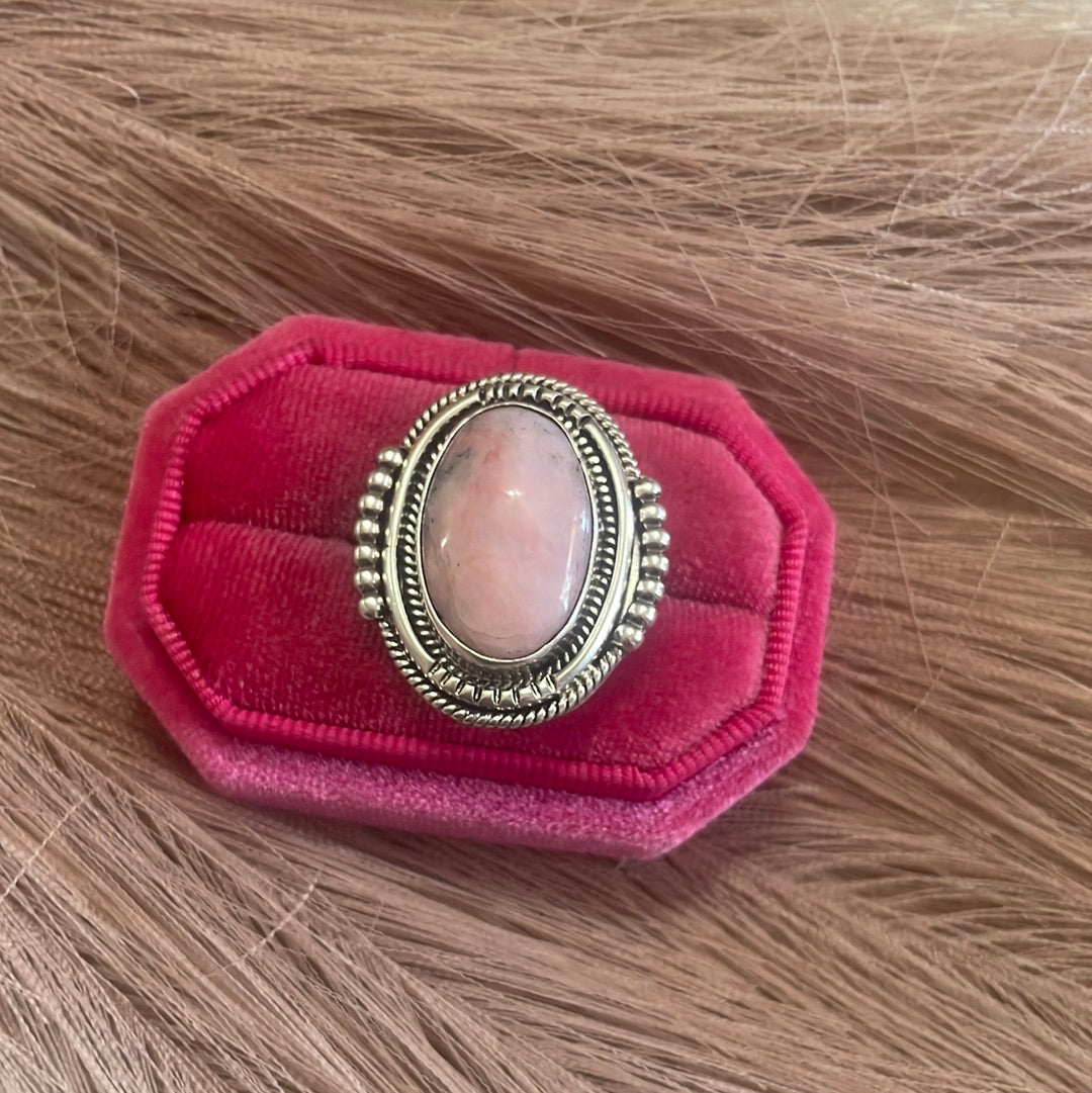 Gorgeous Navajo Pink Peruvian Opal And Sterling Silver Adjustable Ring