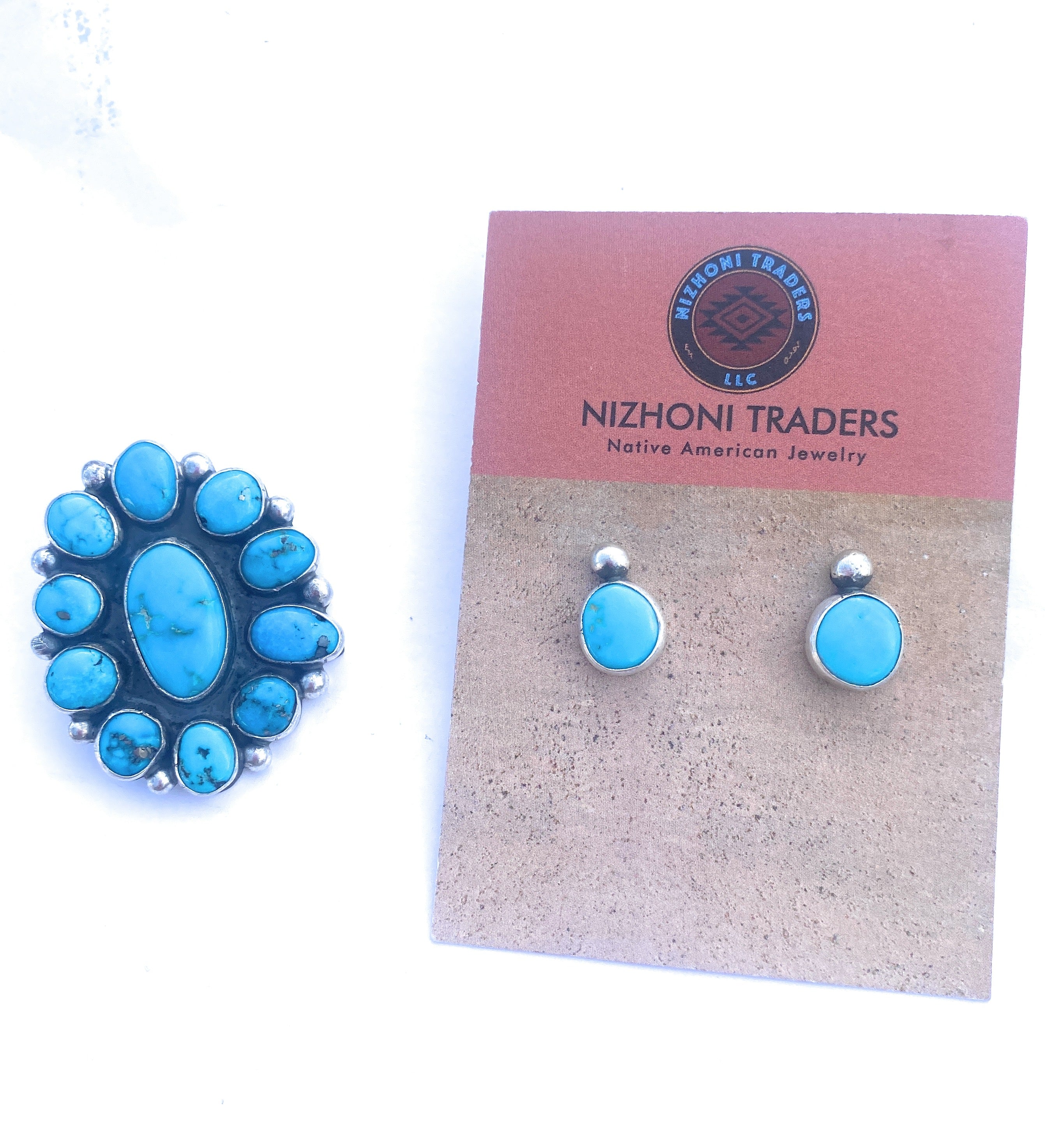 Navajo Sleeping Beauty Turquoise & Sterling Silver Cluster Earrings & Pendant Set