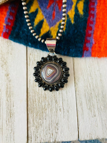 Handmade Sterling Silver, Fordite & Onyx Cluster Pendant