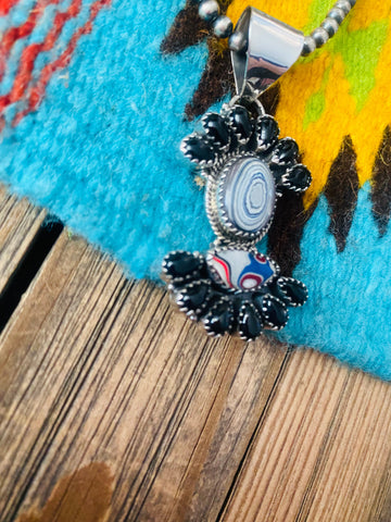 Handmade Sterling Silver, Fordite & Onyx Cluster Pendant