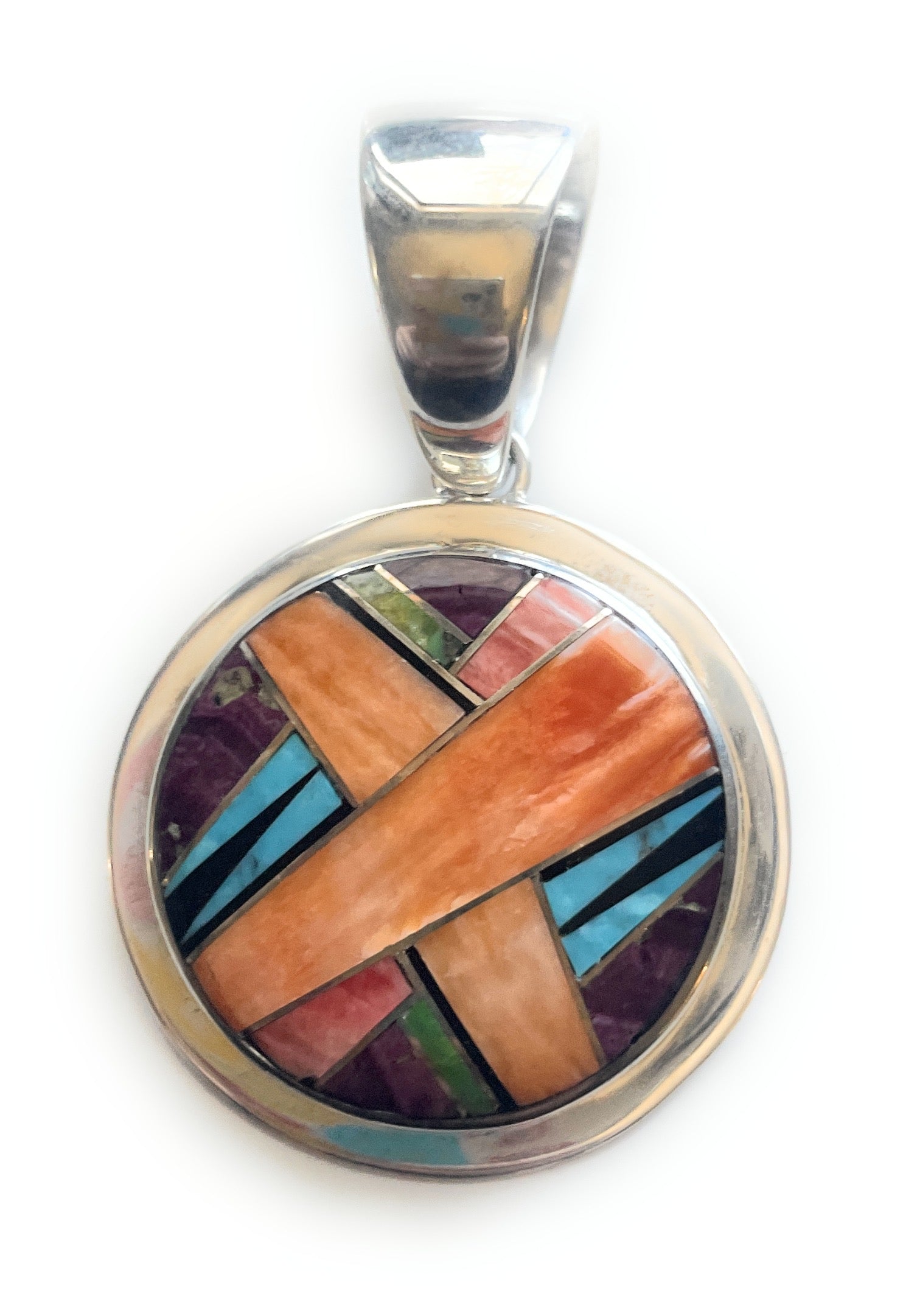 Navajo Multi Stone Inlay & Sterling Silver Circle Pendant