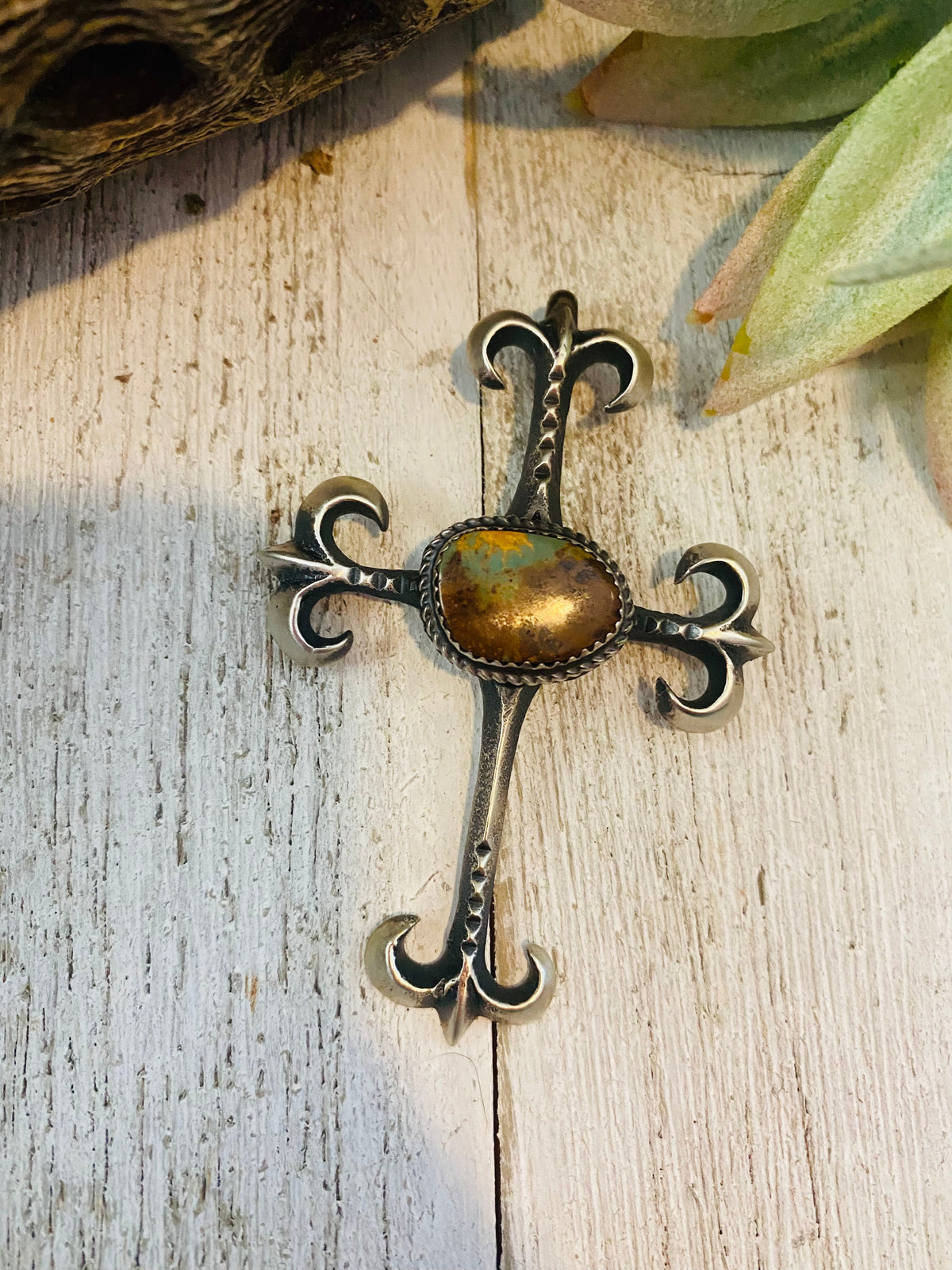 Navajo Sterling Silver & Royston Turquoise Cross Pendant By Martha Cayatineto