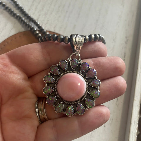 Handmade Pink Conch, Purple Fire Opal & Sterling Silver Circle Flower Pendant