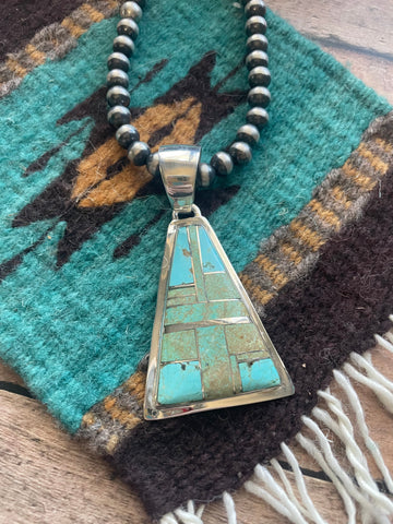 Navajo Number 8 Turquoise Inlay & Sterling Silver Triangle Pendant