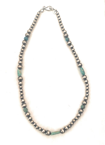 Handmade Sterling Silver & Turquoise Beaded Necklace 14”