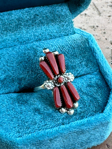 Zuni Sterling Silver & Coral Needlepoint Ring