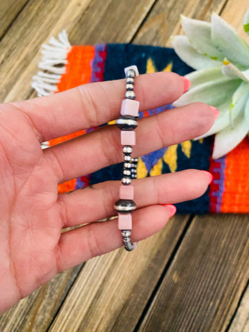 Navajo Queen Pink Conch Shell & Sterling Silver Beaded Bracelet