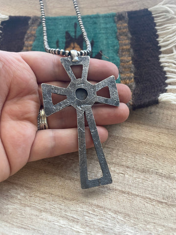 Navajo Sterling Silver & Turquoise Cross Pendant Signed Eugene Mitchell