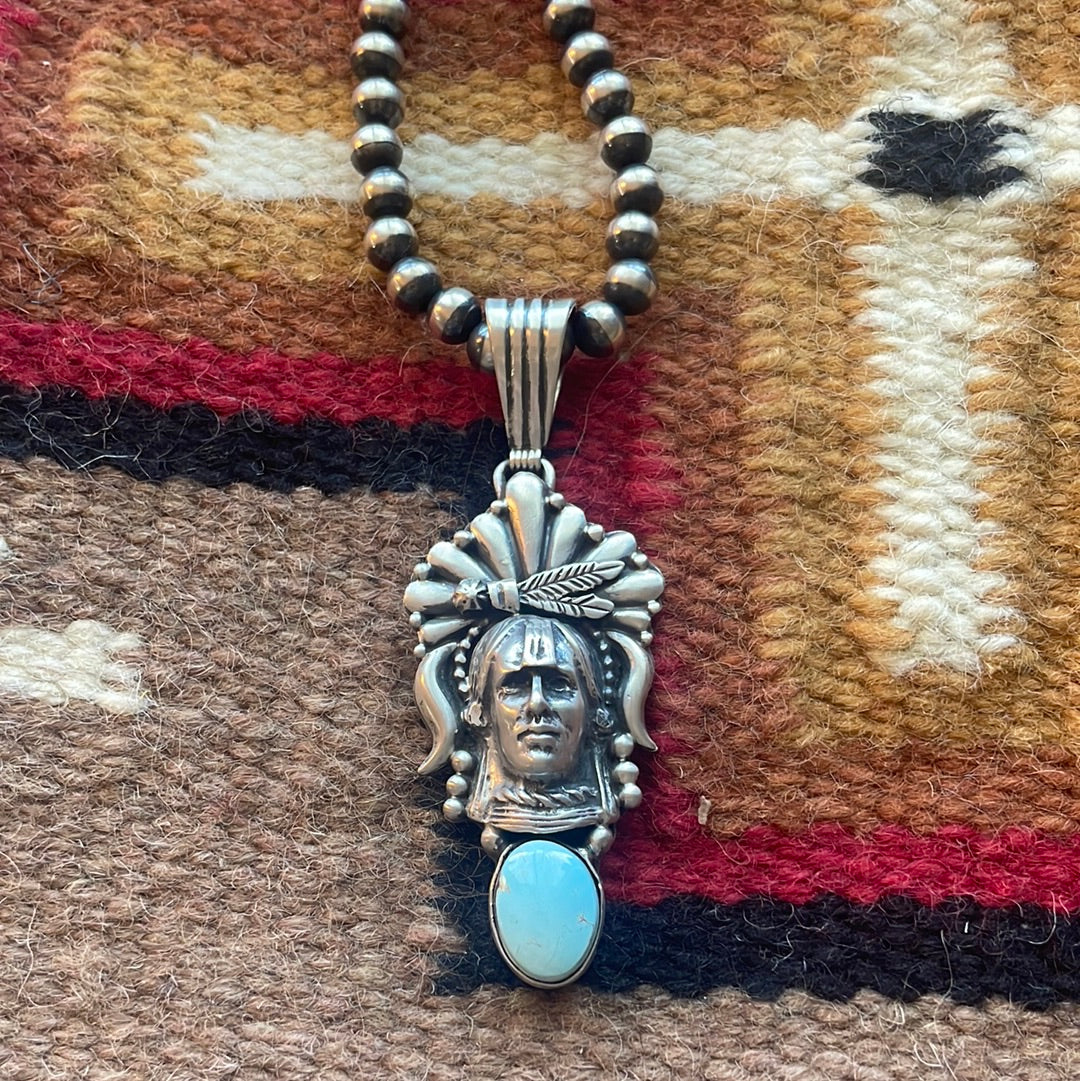 Beautiful Navajo Sterling Silver & Turquoise Chief Pendant Signed Russell Sam