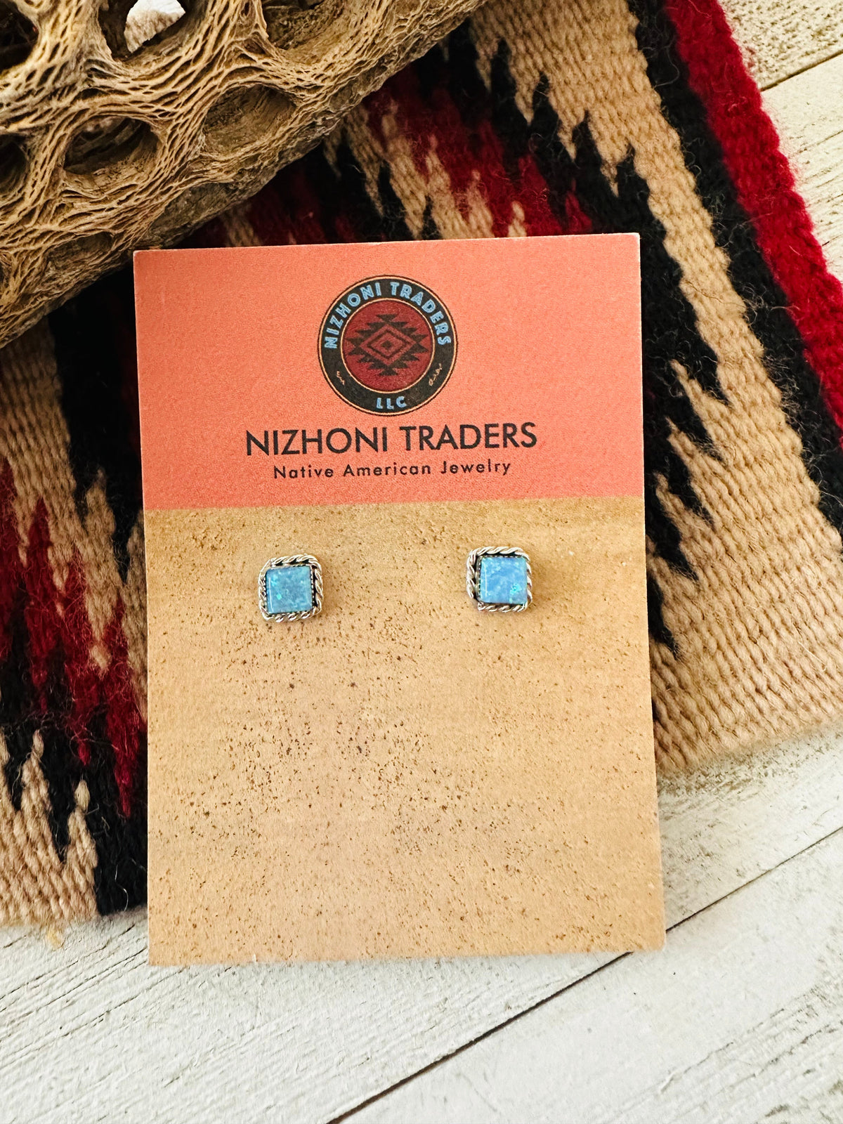 Zuni Blue Opal & Sterling Silver Square Stud Earrings