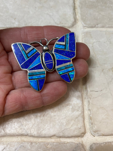 Navajo Lapis, Turquoise, Blue Opal Butterfly Inlay Pendant