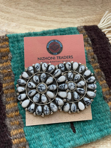 Navajo Howlite Circle Cluster Earrings Signed Jo