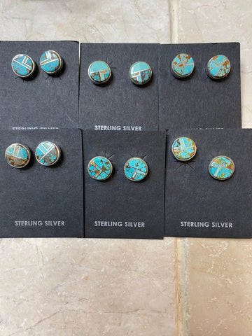 Navajo Turquoise 8 more Matrix & Sterling Silver button Stud Earrings set 2