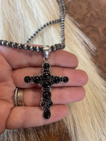 Handmade Sterling Silver and Black Onyx Cross Pendant Signed Nizhoni