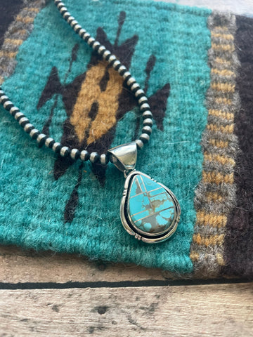 Number 8 Turquoise Inlay & Sterling Silver Pendant