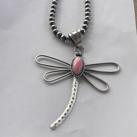 Navajo Pink Conch & Sterling Silver Dragonfly Pendant Signed