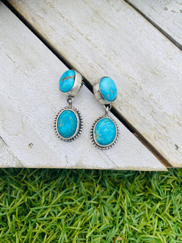 Navajo Sterling Silver And Turquoise Dangle Earrings Signed