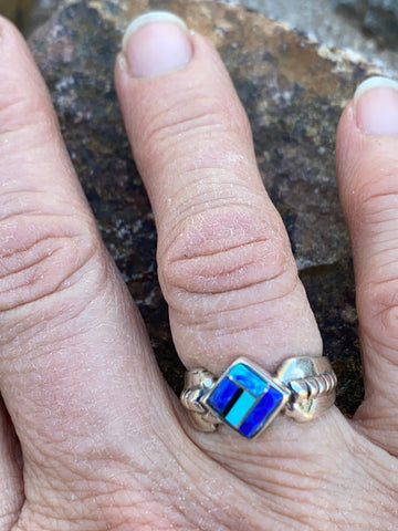 Navajo Lapis, Turquoise, Blue Opal Petite Square Ring Sz 5.25