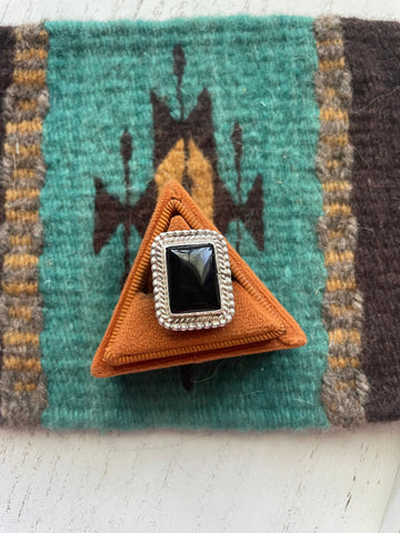 Navajo Sterling Silver & Black Onyx Rectangle Ring Signed J Frank