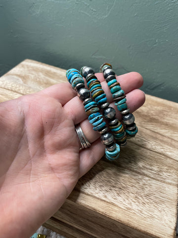 Navajo Sterling Silver Stretchy Natural #8 Turquoise Beaded Bracelet